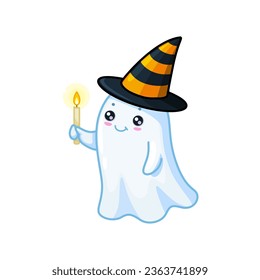 Halloween kawaii ghost character dons striped witch hat, clutching a lit candle, wandering at night. Isolated cartoon vector adorable charming baby spook personage, a blend of innocence and spookiness