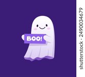 Halloween kawaii ghost character holding boo banner. Isolated cartoon vector adorable baby spook with rosy cheeks, wide smile and a playful expression radiating a charming, cute and friendly aura