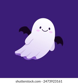 Personaje fantasma kawaii de Halloween. Vector de dibujos animados aislado divertido espantó con ojos amistosos y alas de murciélago, aterroriza durante la noche de horror. Pequeño monstruo blanco flota en el aire con sonrisa juguetona en la cara