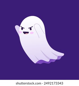 Personaje fantasma kawaii de Halloween con cara traviesa y brazos levantados diciendo alegremente boo, mientras trata de asustar. Vector de dibujos animados lindo, encantador, espeluznante y adorable espíritu volando en la noche de vacaciones