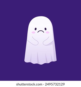 Halloween kawaii ghost character with sad face expression. Isolated cute vector unhappy baby spook, floats restlessly in the spooky night, bringing an adorable touch to the eerie holiday atmosphere