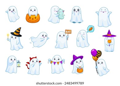 Halloween kawaii ghost characters and funny cute boo poltergeist for holiday, cartoon vector. Cheerful white ghosts with pumpkin, witch hat and Halloween balloons, trick or treat candy and ghost cat