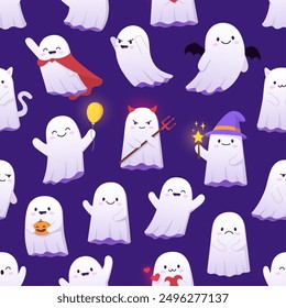 Halloween kawaii ghost characters seamless pattern. Halloween season fabric print, autumn holiday wrapping paper vector pattern with ghosts kawaii personages in superhero, wizard and devil costumes