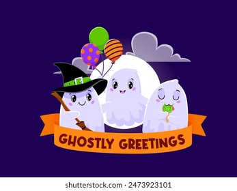 Personajes fantasmas kawaii de Halloween. Anuncio de Vector con fantasmas de bebé deliciosamente lindos con sombrero de bruja festivo y escoba, sosteniendo globos de colores y lamiendo encantadoramente la piruleta en la noche festiva