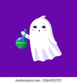 Halloween kawaii ghost holds a potion flask. Cartoon cute vector spook character with holiday concoction bottle exuding a charming aura with a whimsical, endearing smile, radiating a spectral cuteness