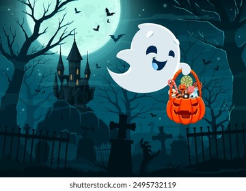 Halloween kawaii ghost with holiday sweets and candies bucket on cemetery, vector background. Halloween horror night and trick or treat party banner, boo ghost with monster sweets in pumpkin basket