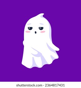 Halloween kawaii ghost with rosy cheeks and a mischievous face, floats playfully, radiating an endearing and friendly aura, saying boo. Isolated cute vector spook personage wander at holiday night