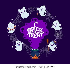 Halloween kawaii ghosts around witch cauldron and spider cobweb, trick or treat holiday vector banner. Halloween horror night party background with cute flying ghoul ghosts happy smiling in witch hat