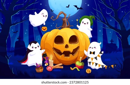 Halloween kawaii ghosts and big pumpkin in night holiday forest with bats and tombstones. Vector cute ghosts and spirits monsters cartoon characters, trick or treat pumpkin lantern, candies, witch hat