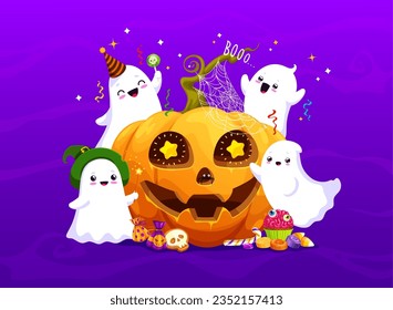 Halloween kawaii ghosts characters and funny pumpkin with sweets. Trick or treat vector background with cute spooks, jack-o-lantern and muffins or candies like candy cane, marshmallow and lollipops