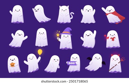 Halloween kawaii ghosts characters with trick or treat holiday pumpkin and witch hat costume. Cute cartoon Halloween ghost monsters vector personages with Dracula vampire cape, devil horns, bat wings