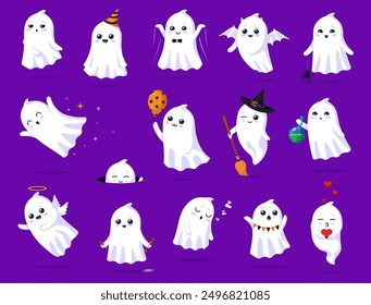 Fantasmas kawaii de Halloween, lindos personajes divertidos de boo para la noche de terror de vacaciones, monstruos de dibujos animados de Vector. Fantasma divertido de Halloween en sombrero de bruja con escoba, dormir o en gorra de cumpleaños y corazón de amor