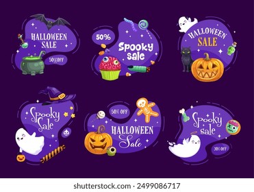 Halloween kawaii ghosts and holiday characters on amoeba blobs, cartoon vector. Halloween holiday sale banners with spooky pumpkin, scary candy sweets, skull and skeleton for shop promotion discount