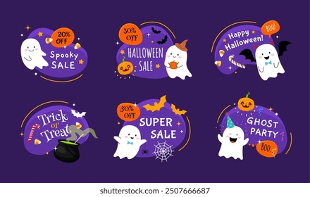 Halloween kawaii ghosts, holiday characters on amoeba blobs sale frames. Halloween season sale, holiday party vector background, frame or sticker with funny ghosts characters, witch cauldron and bats