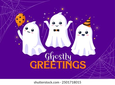 Halloween kawaii ghosts on holiday banner for horror night party, cartoon vector. Halloween ghostly greetings, cute boo ghosts with balloon and party cap or bow tie on cobweb or spiderweb background