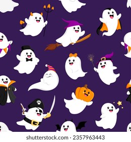 Halloween kawaii ghosts seamless pattern. Vector happy spirits and cute phantoms cartoon characters in Halloween trick or treat costumes. Pumpkin, witch, vampire, pirate, dracula and devil ghosts