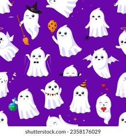 Halloween kawaii ghosts seamless pattern with vector horror holiday cartoon characters. Cute white ghosts, spirits and phantoms personages with happy faces, witch hat, broomstick, spider and heart