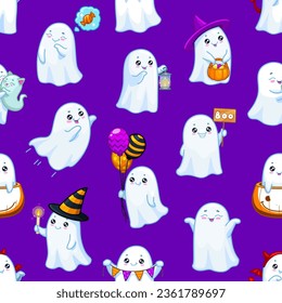 Halloween kawaii ghosts seamless pattern with funny baby spooks wear striped witch hat, holding balloons, boo banner, pumpkin bucket with sweets and flag garland. Vector holiday tile background