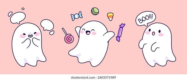 Halloween kawaii ghosts set isolated on pink background. Vector cartoon illustration of cute spooky white mascots smiling with speech bubbles, enjoying sweets, saying boo, scary holiday characters