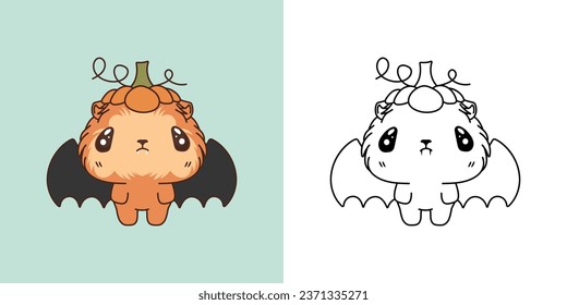 Halloween Kawaii Guinea Pig for Coloring Page and Illustration. Adorable Clip Art Halloween Rodent. Cute Vector Illustration of a Kawaii Halloween Animal in a Vampire Costume. 