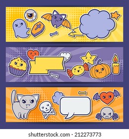 Halloween kawaii horizontal banners with cute doodles.