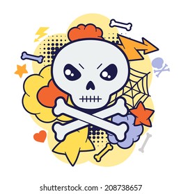 Halloween kawaii print or card with cute doodle skull.