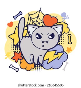 Halloween kawaii print or card with cute doodle cat.