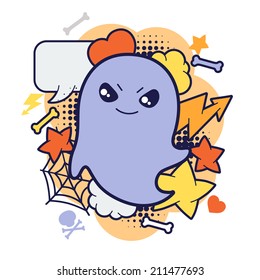 Halloween kawaii print or card with cute doodle ghost.