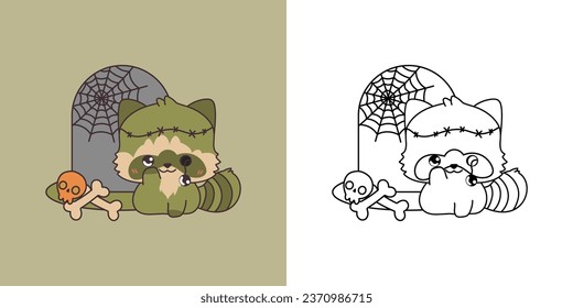 Halloween Kawaii Raccoon for Coloring Page and Illustration. Adorable Clip Art Halloween Forest Animal. Cute Vector Illustration of a Kawaii Halloween Animal in a Zombie Costume. 