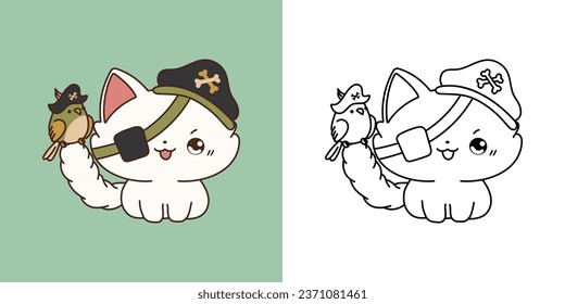 Halloween Kawaii Ragdoll Cat for Coloring Page and Illustration. Adorable Clip Art Halloween Cat. Cute Vector Illustration of a Kawaii Halloween Pet in a Pirate Costume. 