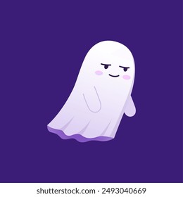 Halloween kawaii sad ghost character with teary eyes, droopy smile and a frown, wearing a floating sheet. Isolated cute cartoon vector melancholic phantom seeks comfort at spooky holiday night