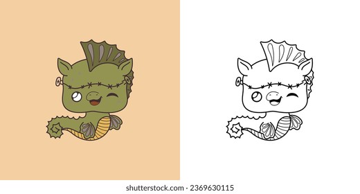 Halloween Kawaii Sea Horse for Coloring Page and Illustration. Adorable Clip Art Halloween Marine Animal. Cute Vector Illustration of a Kawaii Halloween Seahorse in a Zombie Costume. 