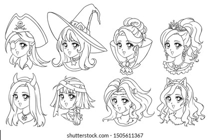 Halloween kawaii set of fantasy characters. Hand drawn vector avatars. Isolated on white background. Contour picture for coloring page. 