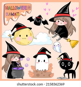 Halloween  Kawaii set for sticker , postcard , invitation ,clipart . vector illustration for kids elements