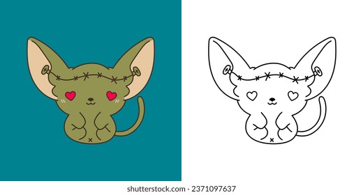 Halloween Kawaii Sphynx Cat for Coloring Page and Illustration. Adorable Clip Art Halloween Cat. Cute Vector Illustration of a Kawaii Halloween Animal in a Zombie Costume. 