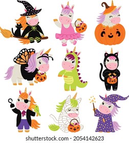 Halloween kawaii unicorn vector illustrations