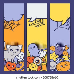 Halloween kawaii vertical banners with cute doodles.
