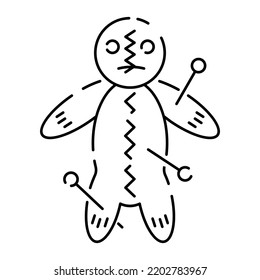 Halloween kawaii voodoo doll line icon. Cute smiling Halloween line character for kids. Cartoon illustration. Samhain party puppet icon. Trick or treat and scary