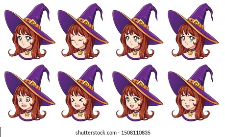 Halloween kawaii witch with eight different face expression. Retro 90s anime style hand draw vector illustration. Isolated on white background.