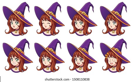 Halloween kawaii witch with eight different face expression. Retro 90s anime style hand draw vector illustration. Isolated on white background.