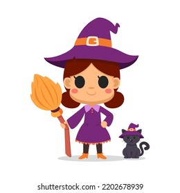 Halloween kawaii witch holding a broom and black cat on white background. lovely and spooky cartoon character. Vector illustration flat design.