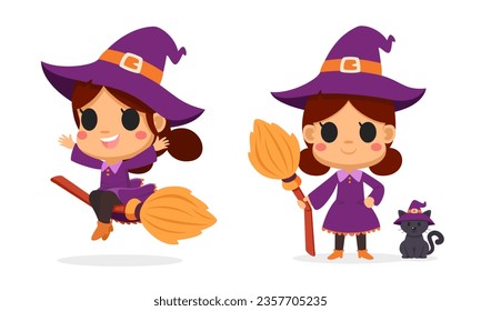 Halloween kawaii witch holding a broom and flying isolated on white background. lovely and spooky cartoon character. Vector illustration flat design.