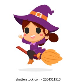 bruja kawaii de Halloween sobre escoba voladora sobre fondo blanco. encantador y espeluznante personaje de caricatura. Diseño plano de ilustración vectorial.