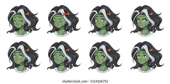 Halloween kawaii  zombie girl with eight different face expression. Retro 90s anime style hand draw vector illustration. Isolated on white background.