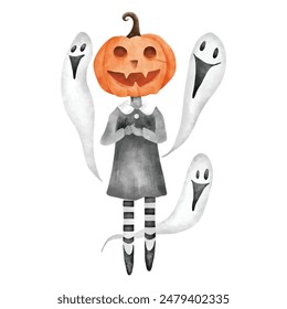 Halloween kid ghost with floating ghost. Water hand drawing vector