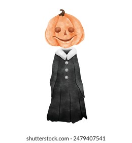 Halloween kid ghost pumpkin head. Water color drawing vector