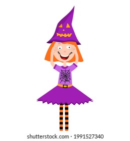 Halloween kid girl character. Child in colorful Halloween costume. Girl fooling around on halloween party. Cartoon vector illustration