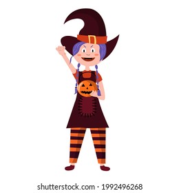 Halloween kid girl character. Girl scares for halloween. Happy Halloween. Child in colorful Halloween costume of witch. Girl hold pumpkin. Cartoon vector illustration