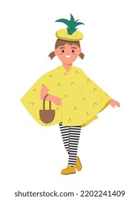 Halloween kid pineapple. Girl in hat and fruit costume. Unusual outfit. Poster or banner for website. Holiday, event and entertainment. Social media sticker. Cartoon flat vector illustration