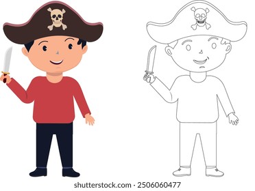 halloween Kid in pirate costume clipart and coloring page